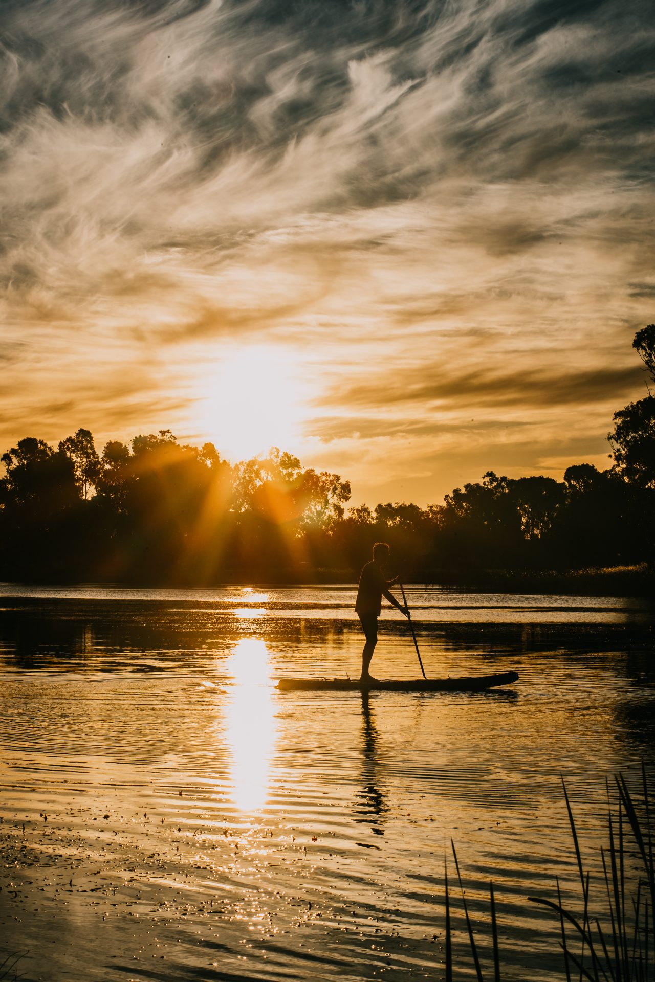 Wimmera River at golden hour with the Grampians on the horizon